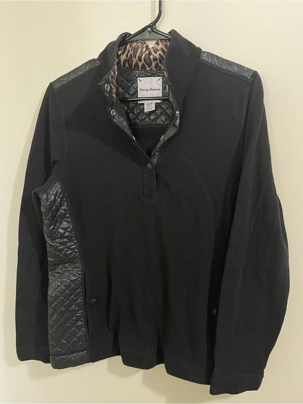 Tommy Bahama Aruba Quilted Half-Snap Pullover Sweatshirt Black Leopard Size M
